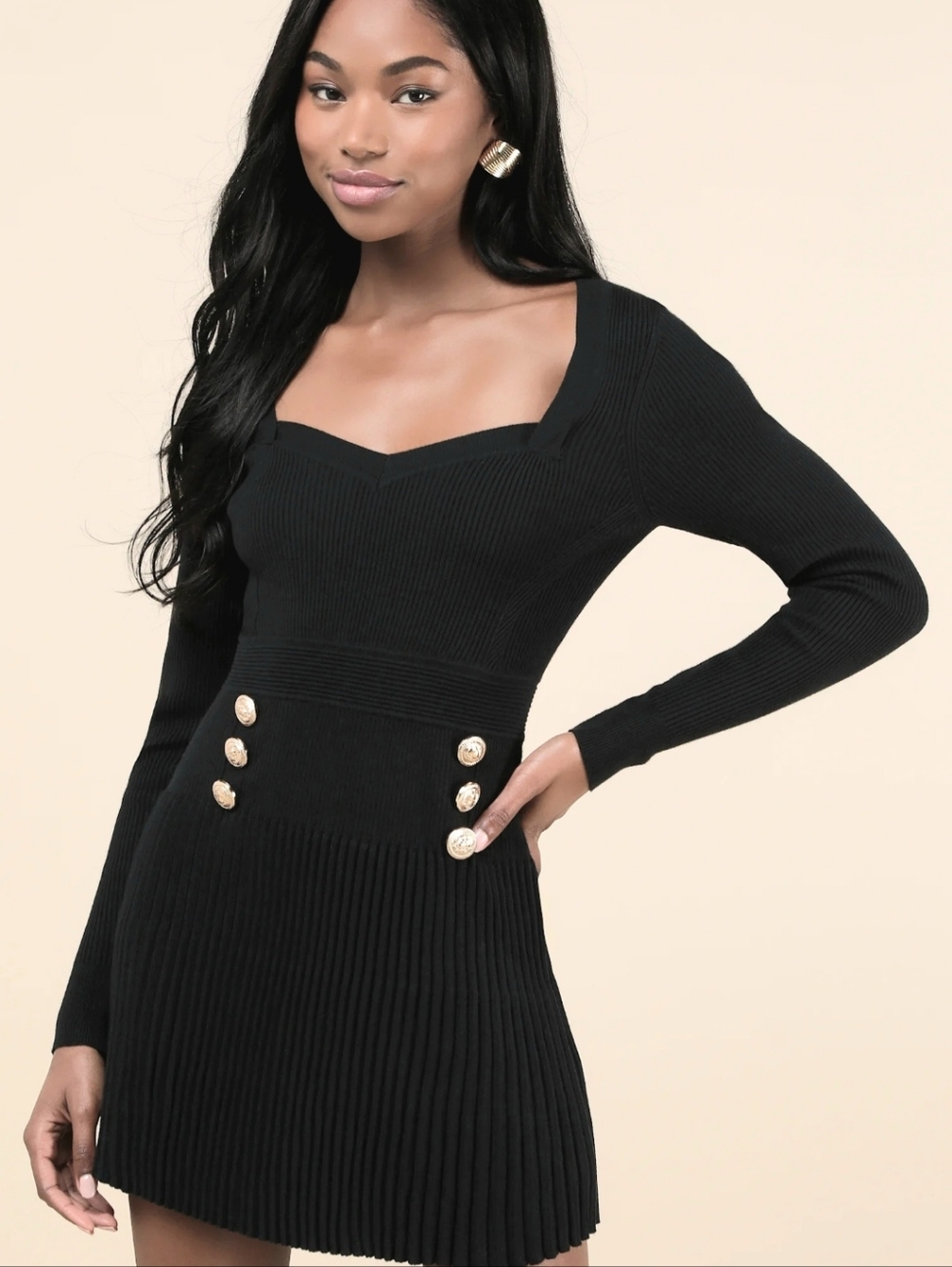 Lulus Chicest Crush Black Ribbed Long Sleeve Mini Sweater Dress Size L